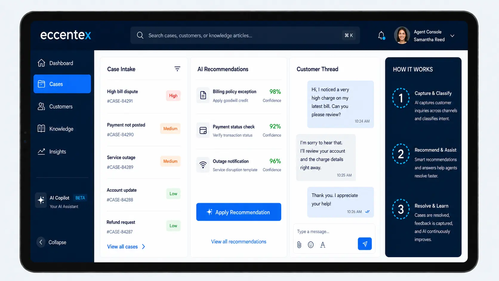 Eccentex Customer Service Cloud dashboard interface